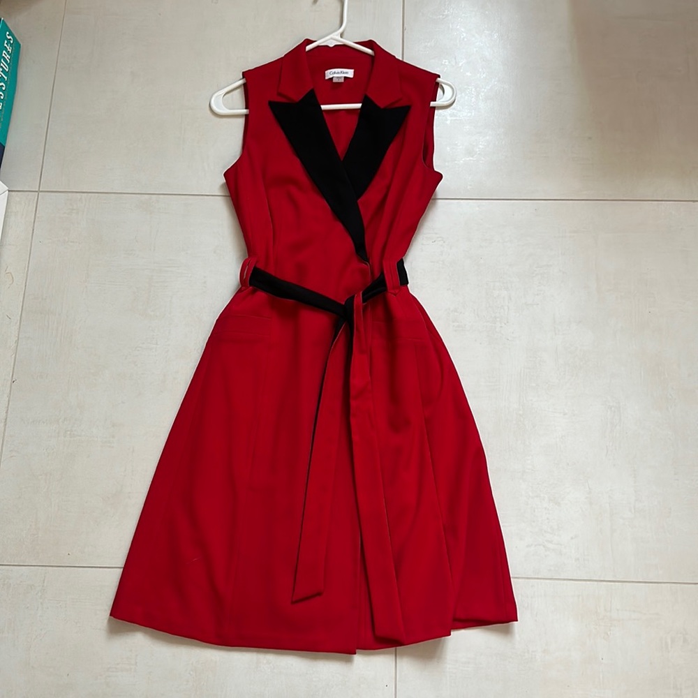 Calvin Klein midi tie dress, red and black